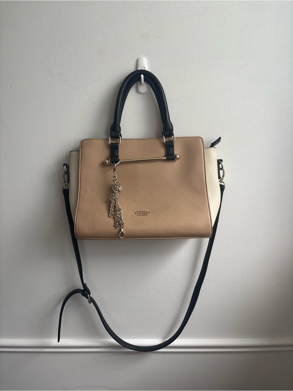 GUESS Beige and Black Satchel with Chain Charm